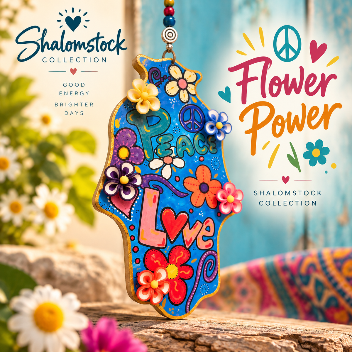 The Shalomstock Collection — Hand-Painted Hamsa Wall Art | Peace, Love & Flower Power Judaica
