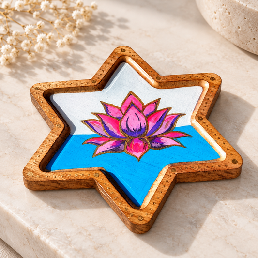 Lotus Star Serving Tray – Hand-Painted Wooden Star of David Tray