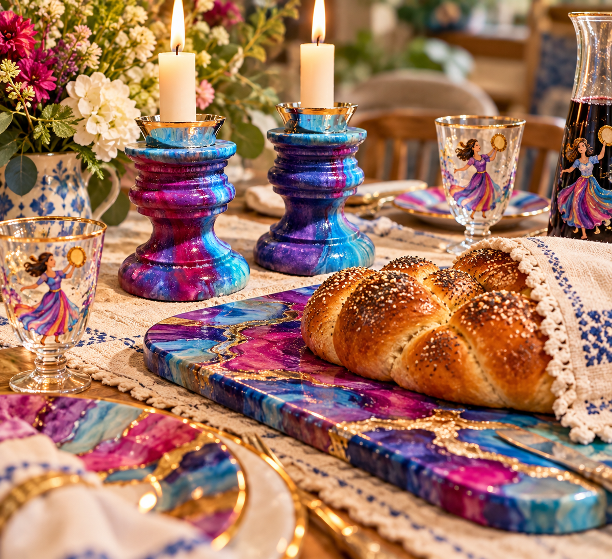 Lilah Shabbat Candlesticks Hand-Painted Jewel-Tone Shabbat Candle Holders
