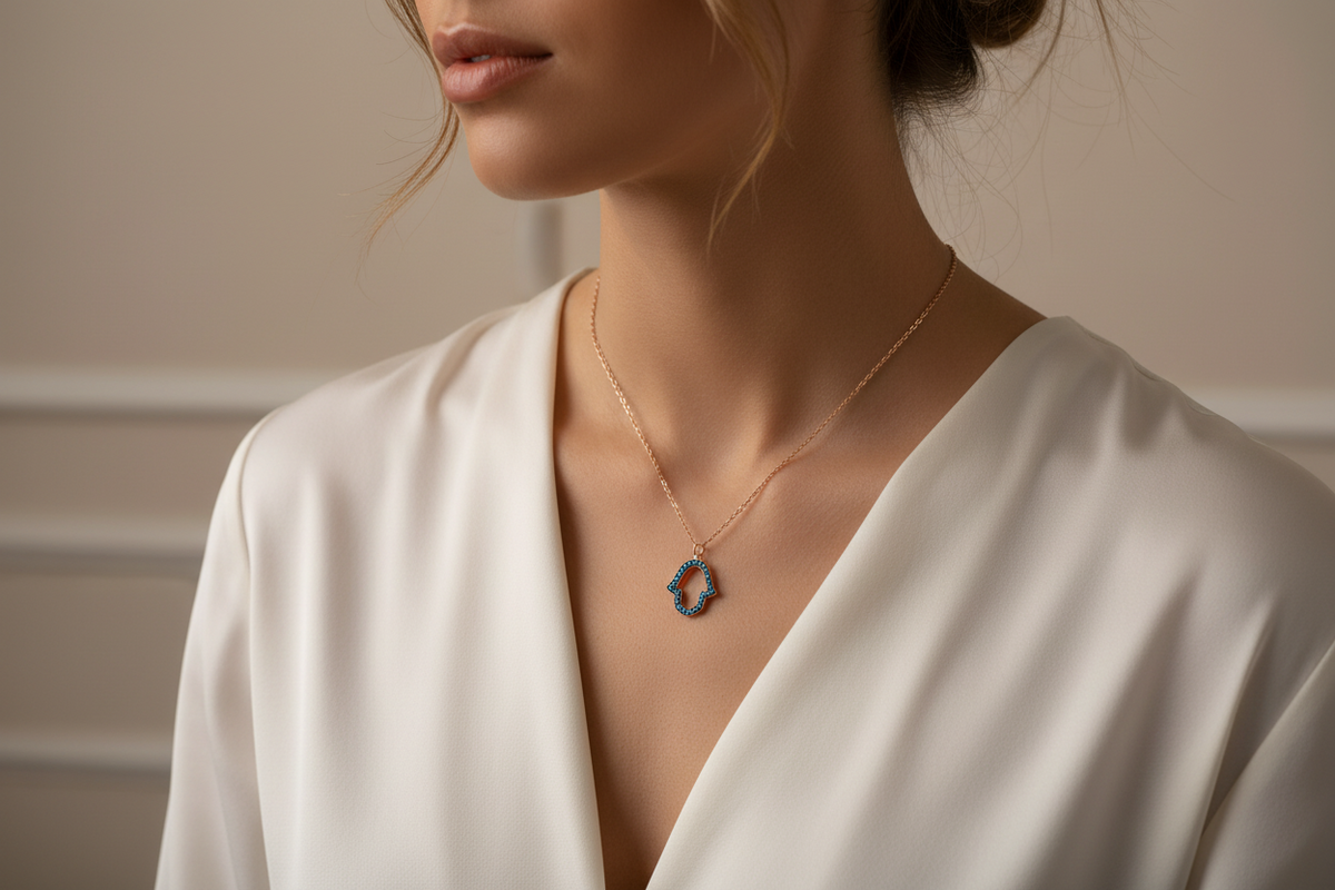 Rose Gold Open Blue Gemstone Hamsa necklace