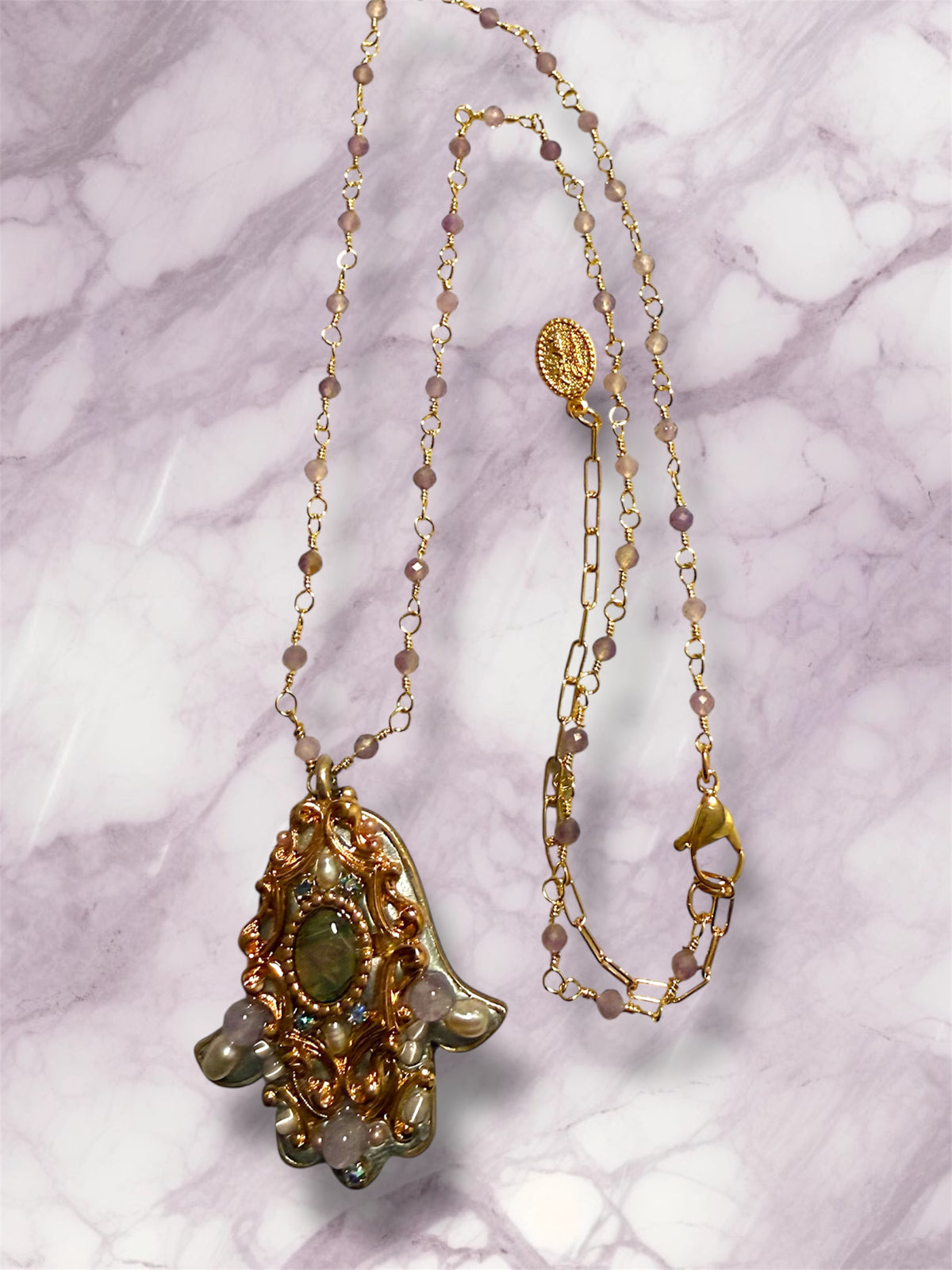 Abalone & Amethyst Hamsa Necklace