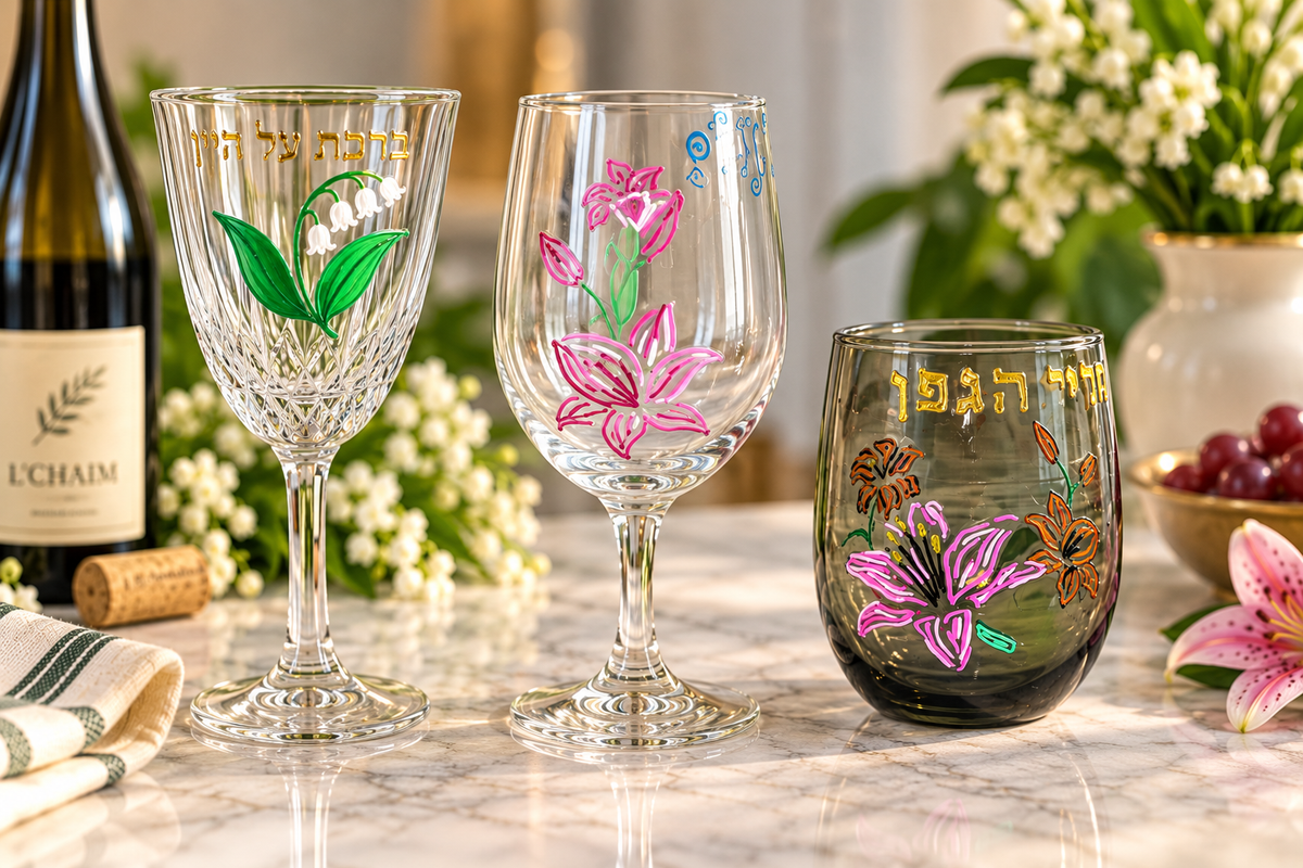 Hand-Painted Lily Kiddush & Wine Glasses