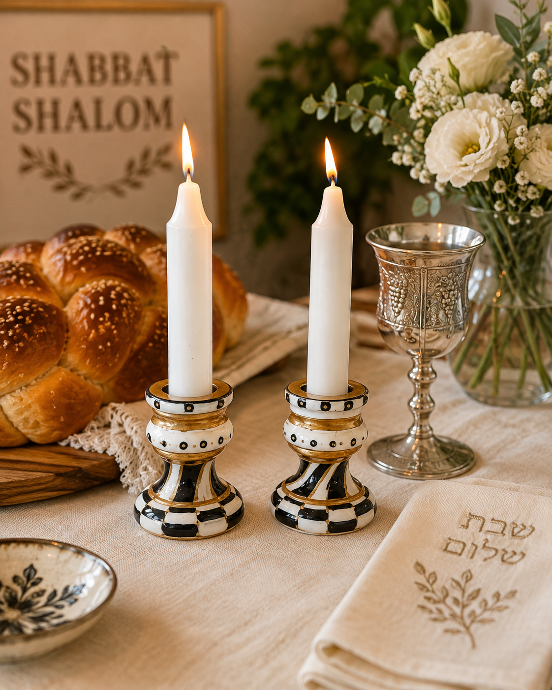 Golda Hand-Painted Shabbat Candlesticks | Black, Ivory & Gold Modern Judaica