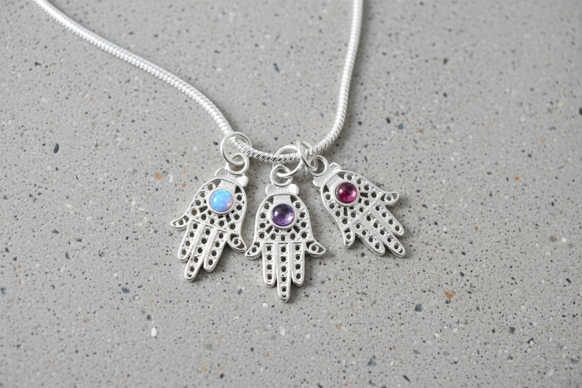 Sterling Silver filagree Hamsa with Opal Amethyst Garnet Pendant Necklace