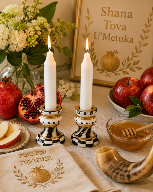 Golda Hand-Painted Shabbat Candlesticks | Black, Ivory & Gold Modern Judaica