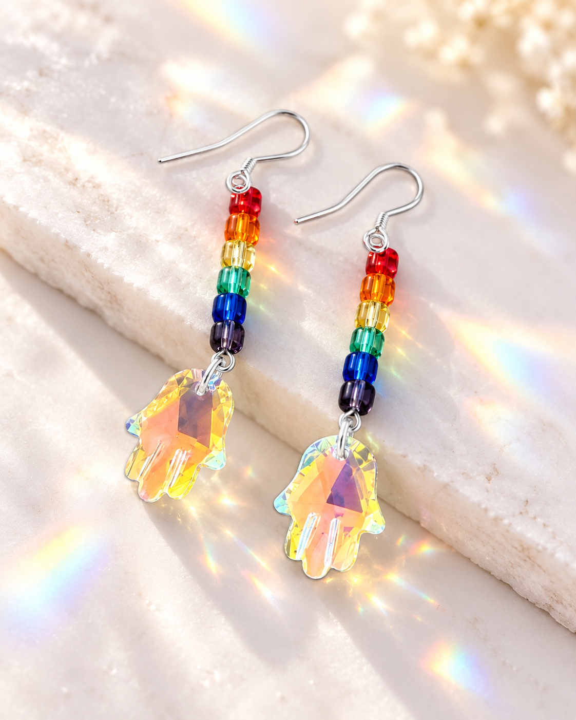 Rainbow Hamsa Earrings | Crystal & Wood Collection