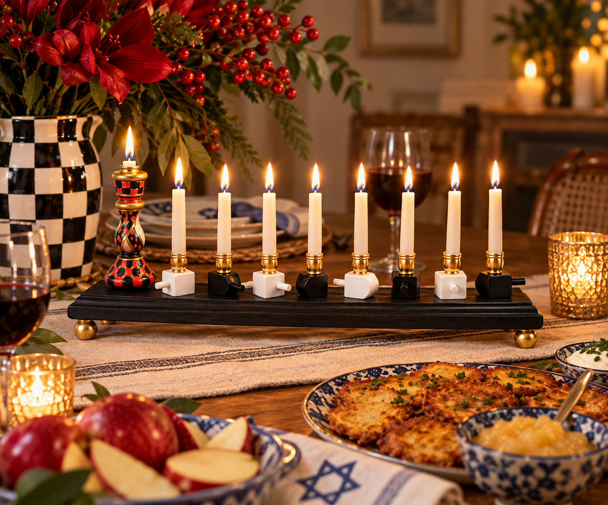 The Roxie Menorah

Hand-Painted Dreidel Menorah in Red, Black & Gold