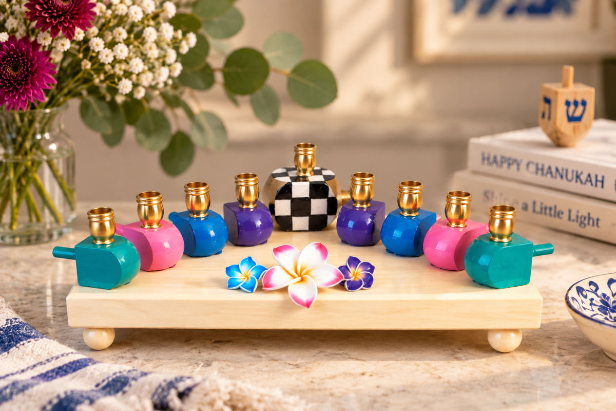 The Abigail Menorah

Hand-Painted Colorful Dreidel & Floral Menorah
