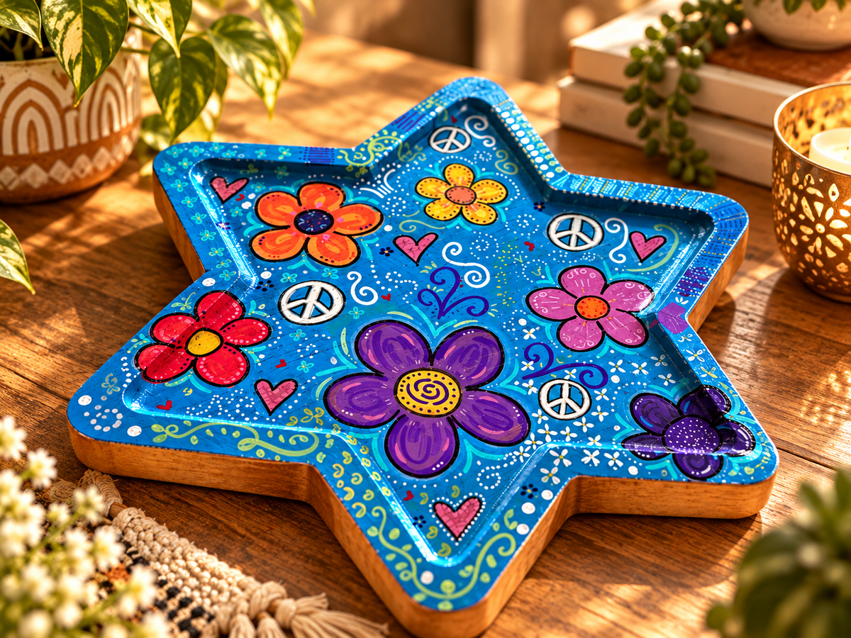 Shalomstock: Peace, Love & Petals Star Serving Tray – Hand-Painted Wooden Judaica