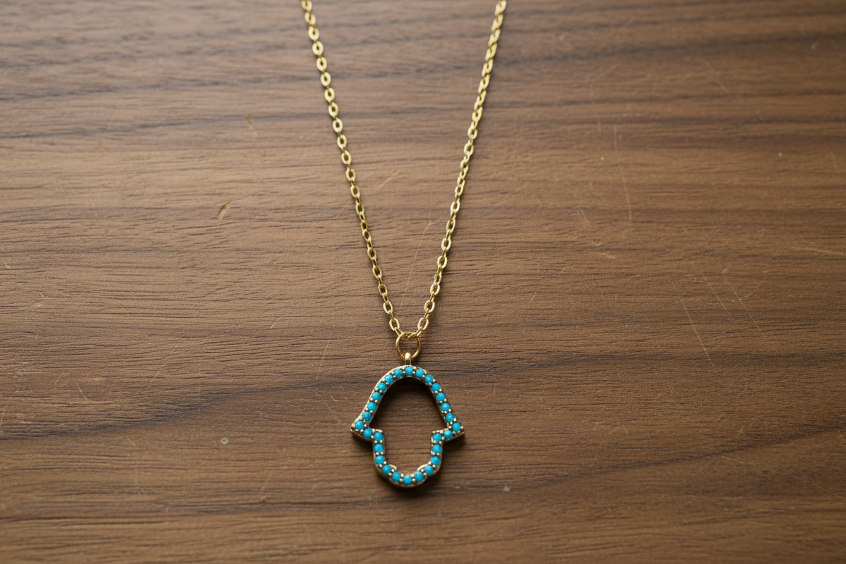 Rose Gold Open Blue Gemstone Hamsa necklace