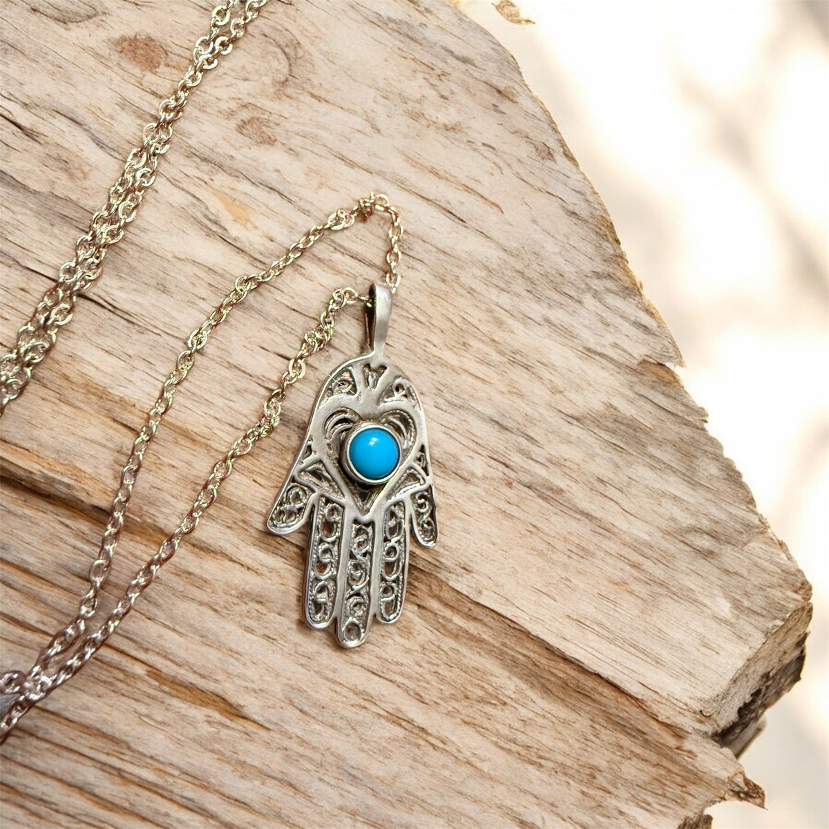 Sterling Silver Filagree Turquoise Hamsa Hand Necklace
