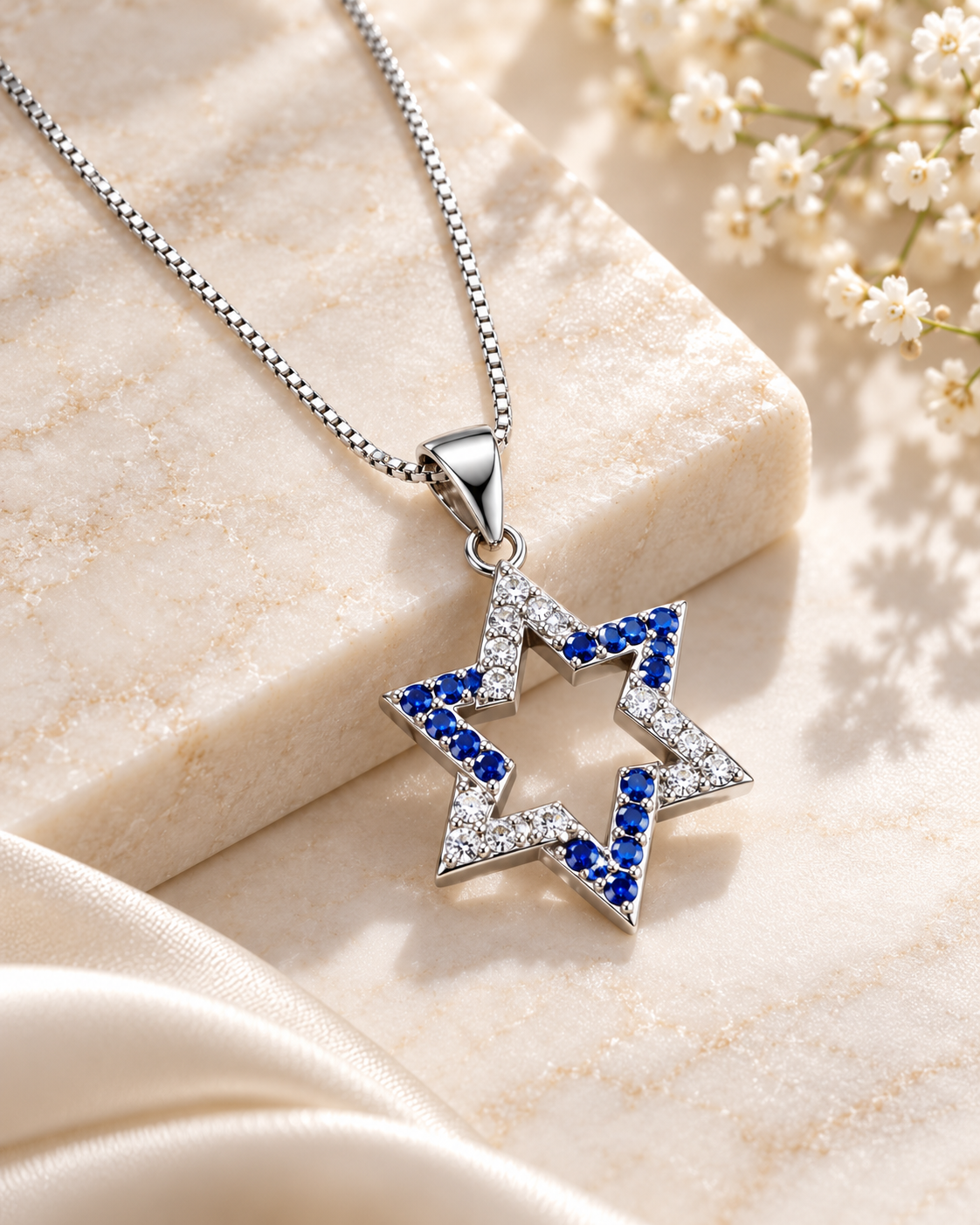 Blue & White Sterling Star of David Necklace