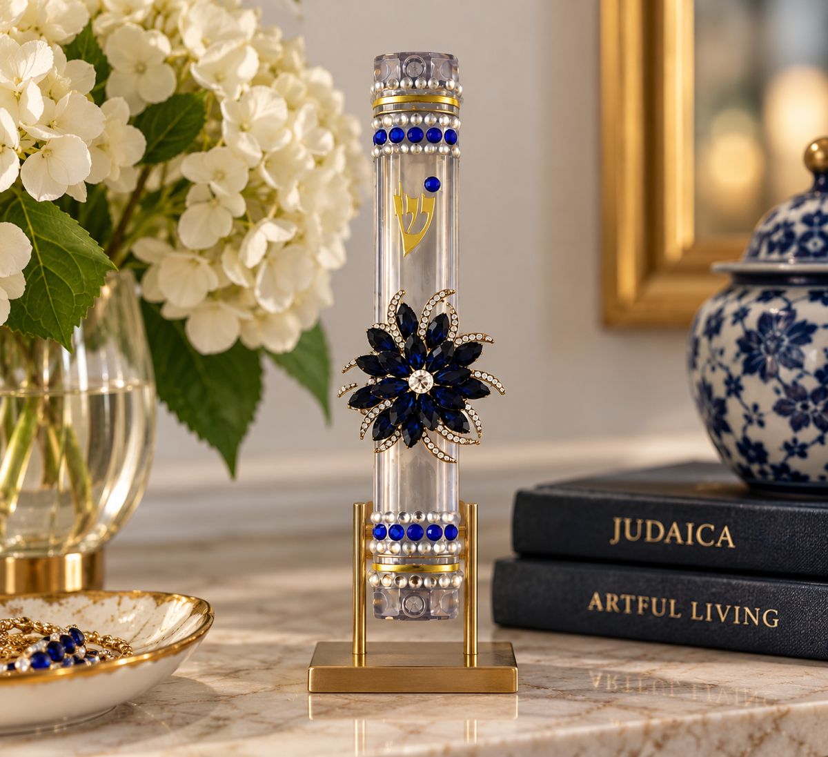 Midnight Bloom Jeweled Mezuzah Case