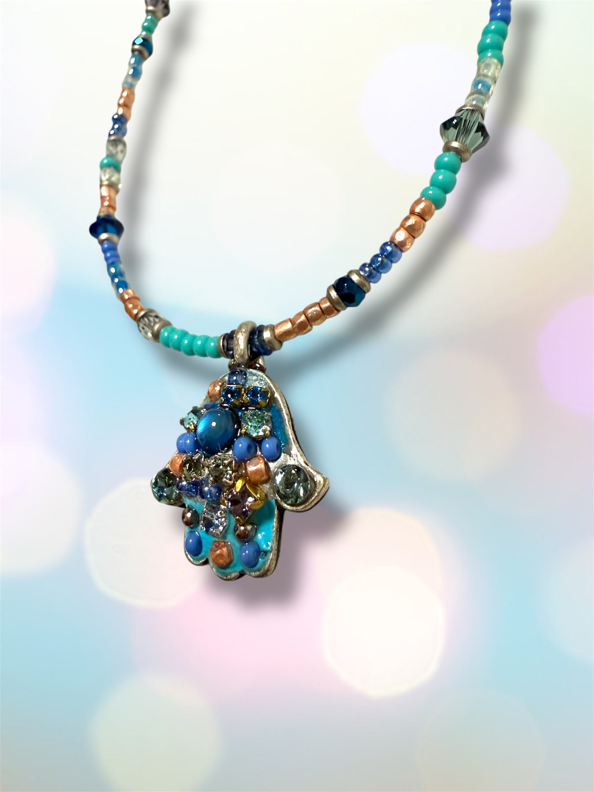 Small Blue Mosaic Hamsa Necklace