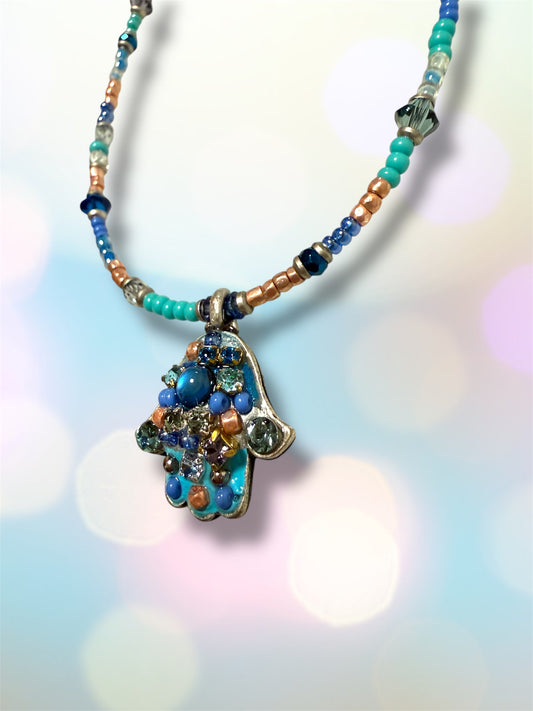 Small Blue Mosaic Hamsa Necklace