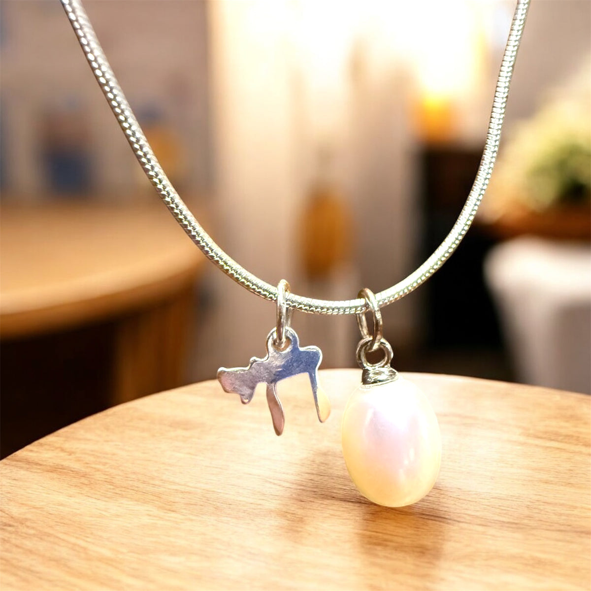 Sterling Silver Chai & Freshwater Pearl Charm Necklace