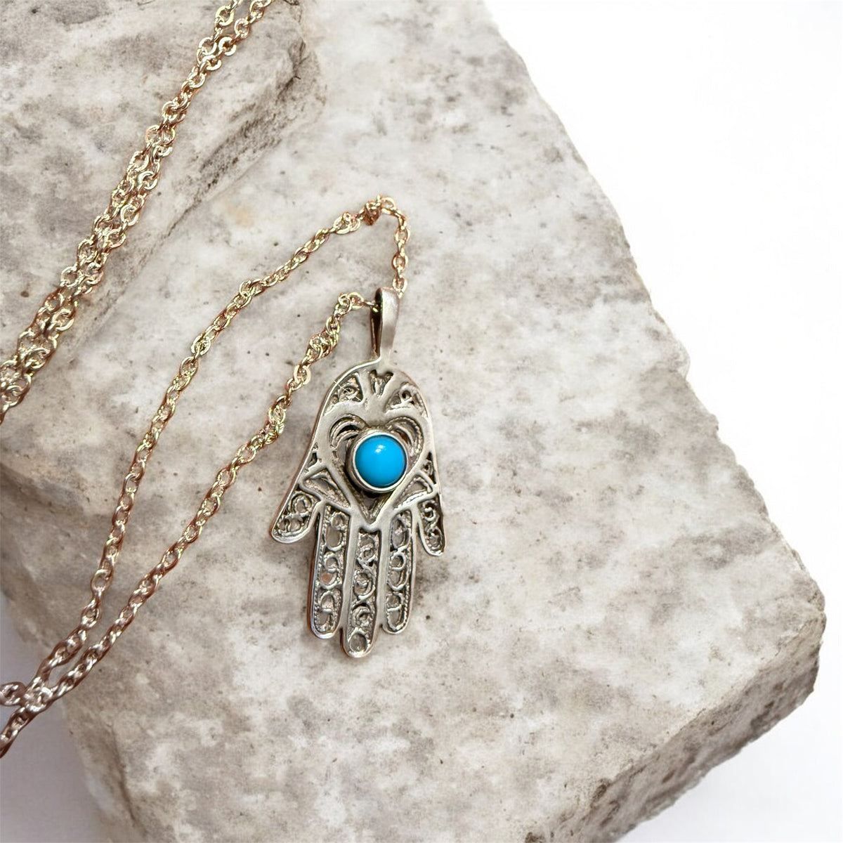 Sterling Silver Filagree Turquoise Hamsa Hand Necklace