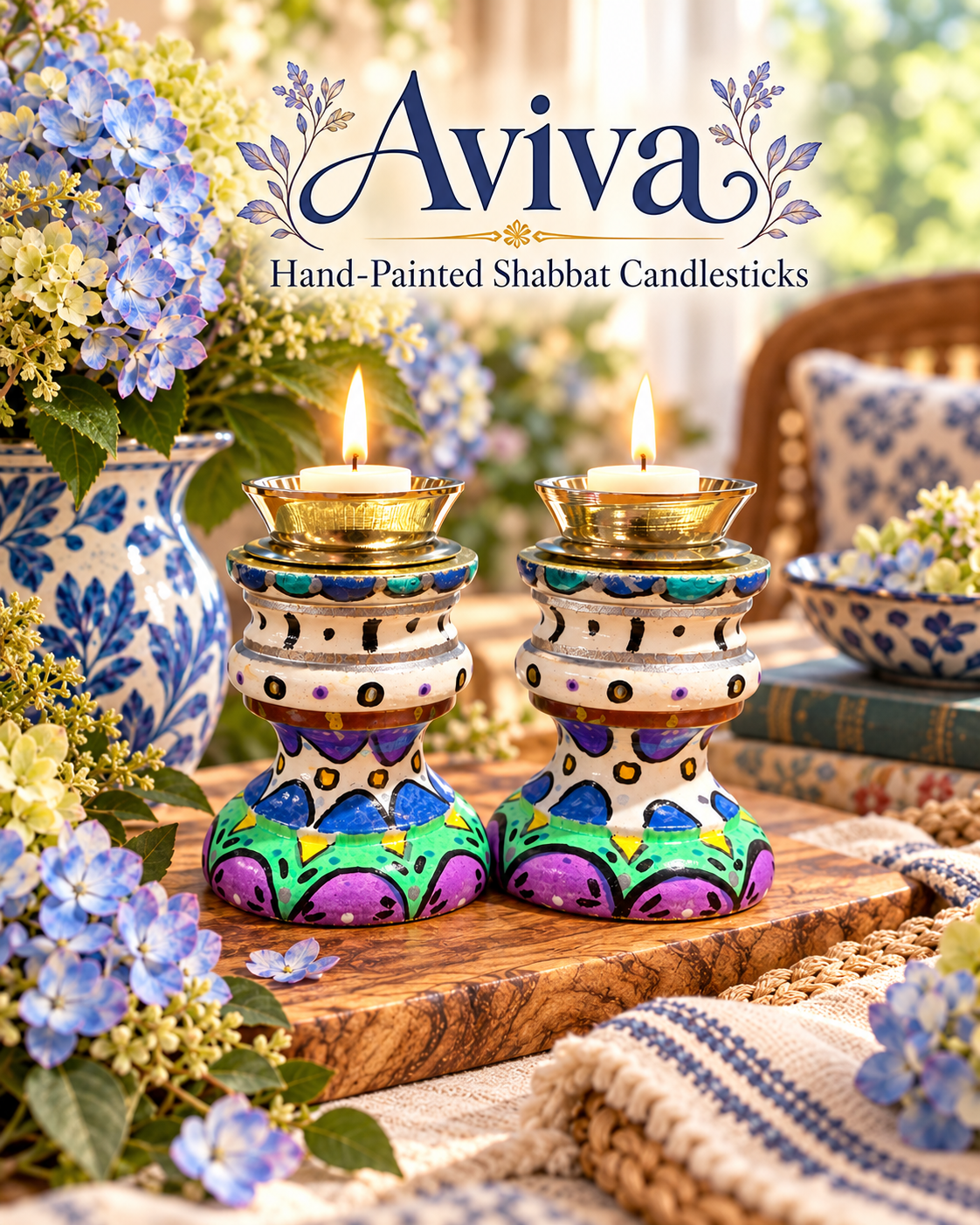 Aviva Hand-Painted Shabbat Candlesticks