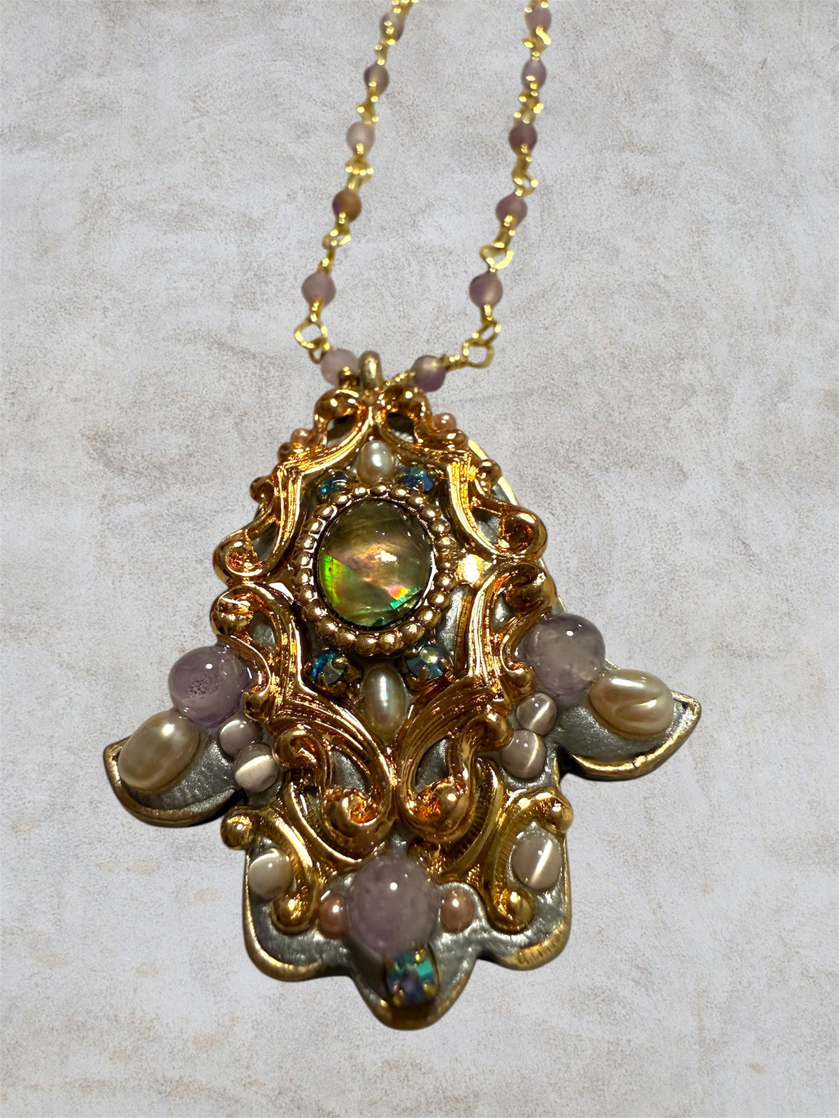 Abalone & Amethyst Hamsa Necklace