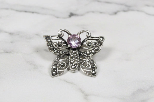 Vintage sterling silver amethyst Marcasite butterfly brooch