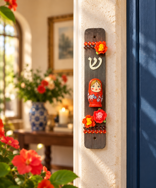 Scarlet Bloom Matryoshka Garden Mezuzah Case