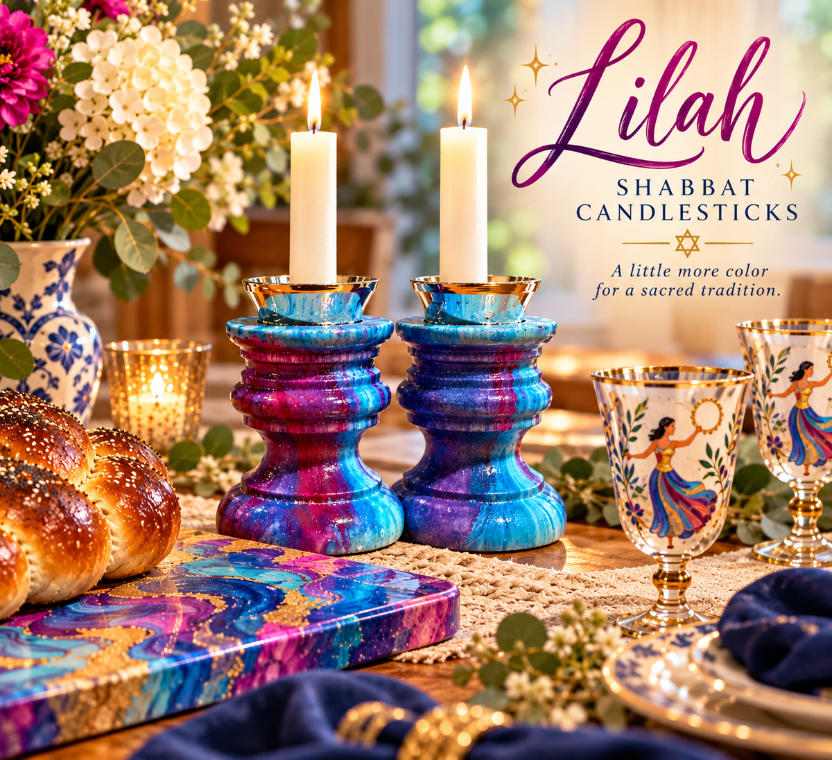 Lilah Shabbat Candlesticks Hand-Painted Jewel-Tone Shabbat Candle Holders