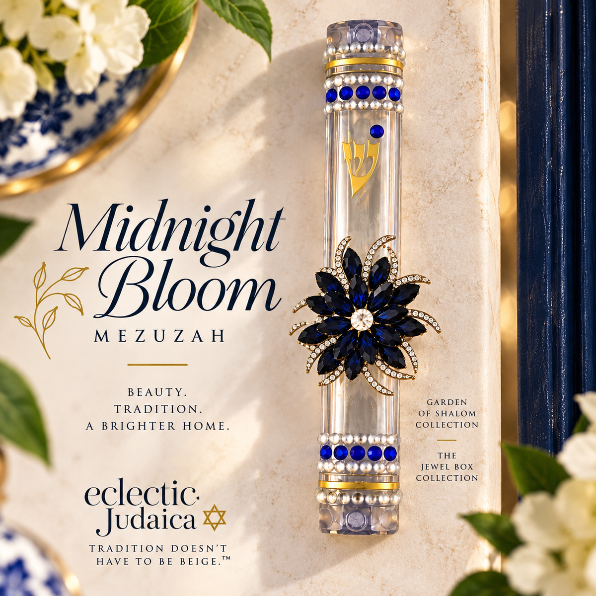 Midnight Bloom Jeweled Mezuzah Case
