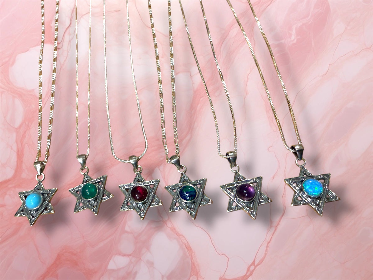 Sterling Silver Jewish Star of David Pendant Necklace with Natural Gemstone
