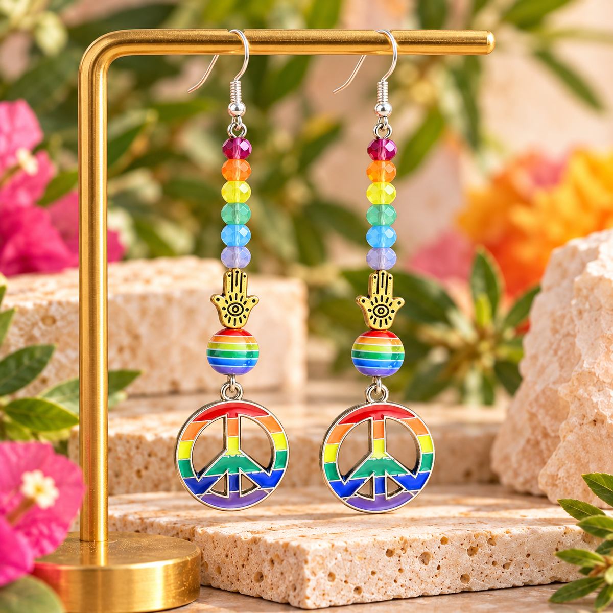 Peace, Love & Chamsa | Rainbow Peace Sign Earrings