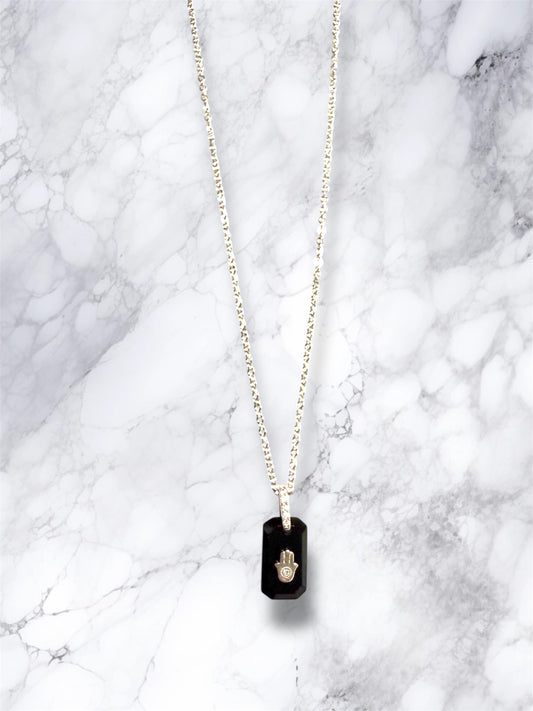 Black Onyx and CZ hamsa pendant sterling silver necklace