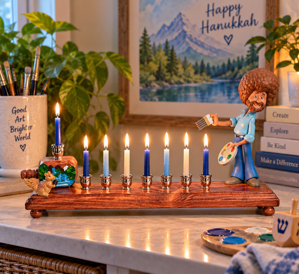 Bob Ross Menorah | Happy Little Hanukkah Mixed-Media Menorah