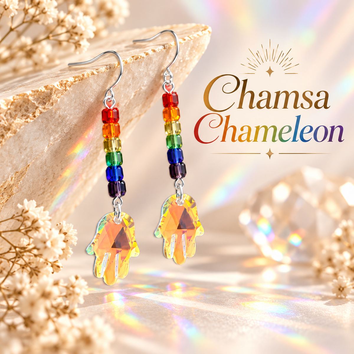 Rainbow Hamsa Earrings | Crystal & Wood Collection