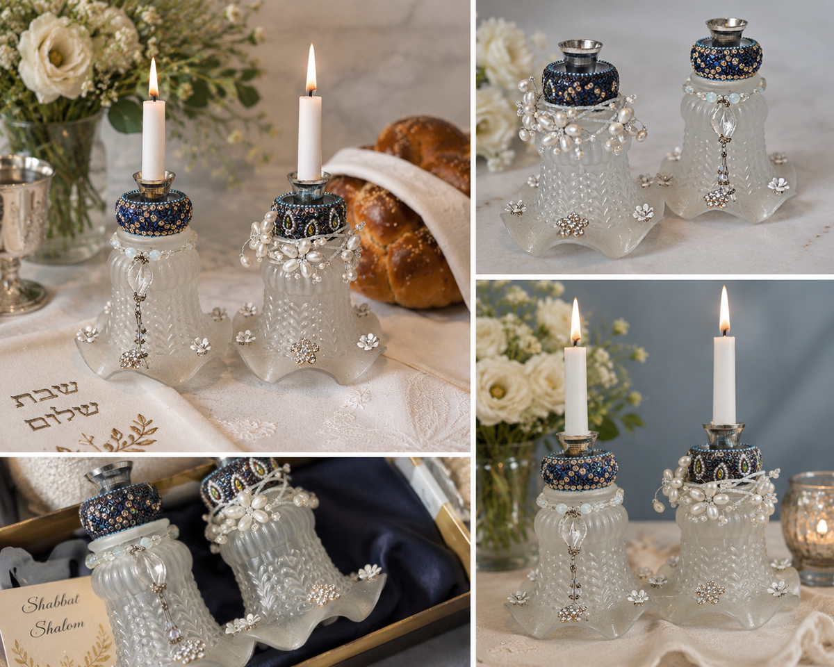 One-of-a-Kind Vintage Glass Shabbat Candlesticks | Upcycled Heirloom Judaica