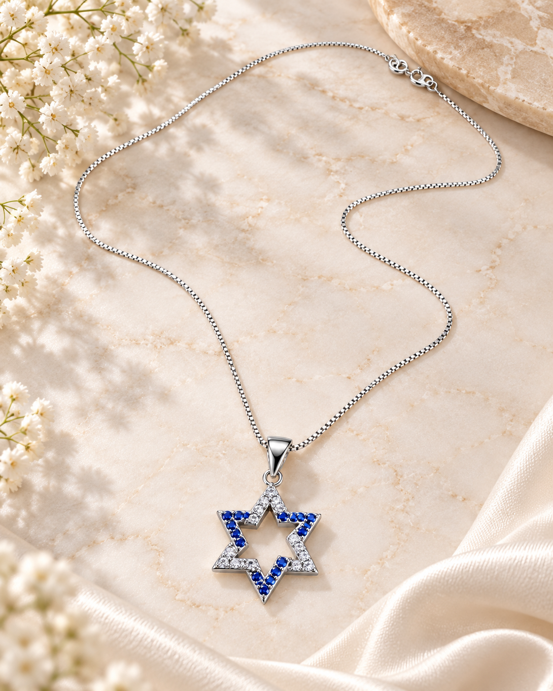 Blue & White Sterling Star of David Necklace