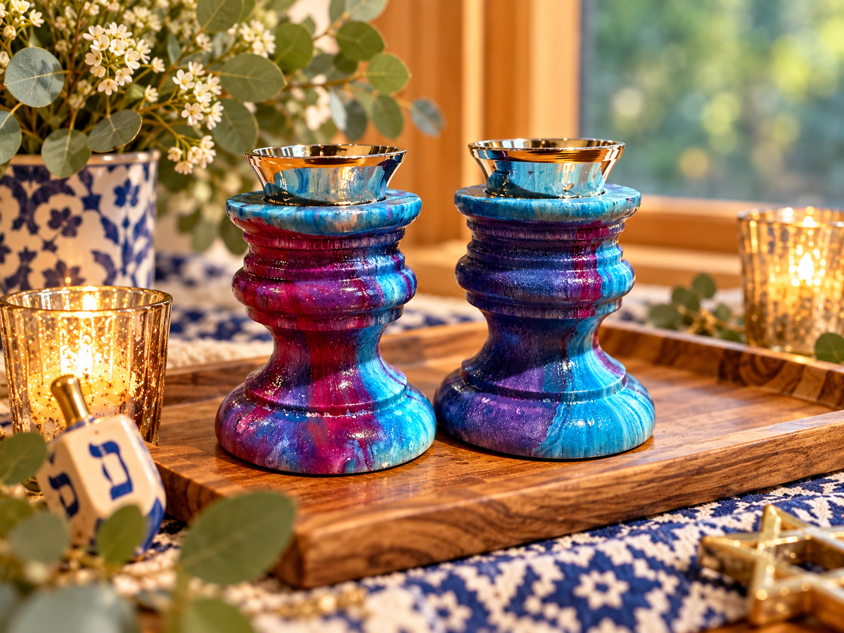 Lilah Shabbat Candlesticks Hand-Painted Jewel-Tone Shabbat Candle Holders