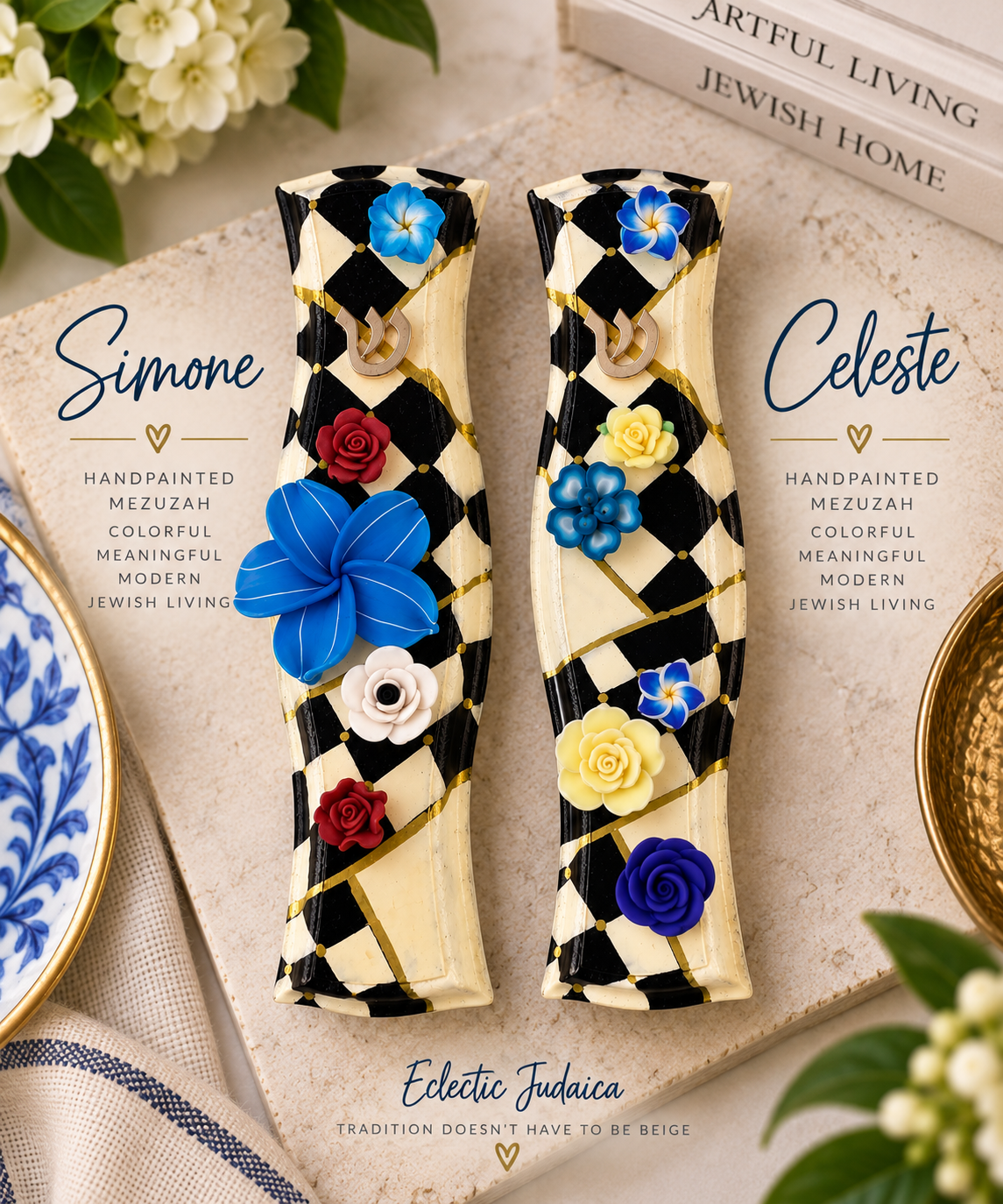 Simone & Celeste Hand-Painted Floral Mezuzahs