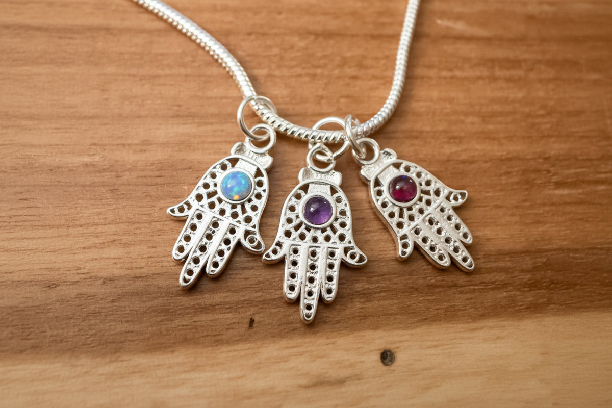 Sterling Silver filagree Hamsa with Opal Amethyst Garnet Pendant Necklace