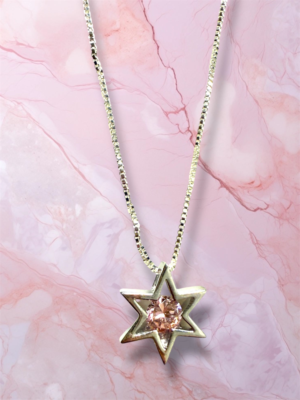 Sterling Silver Modern Star of David pendant with pink gemstone necklace