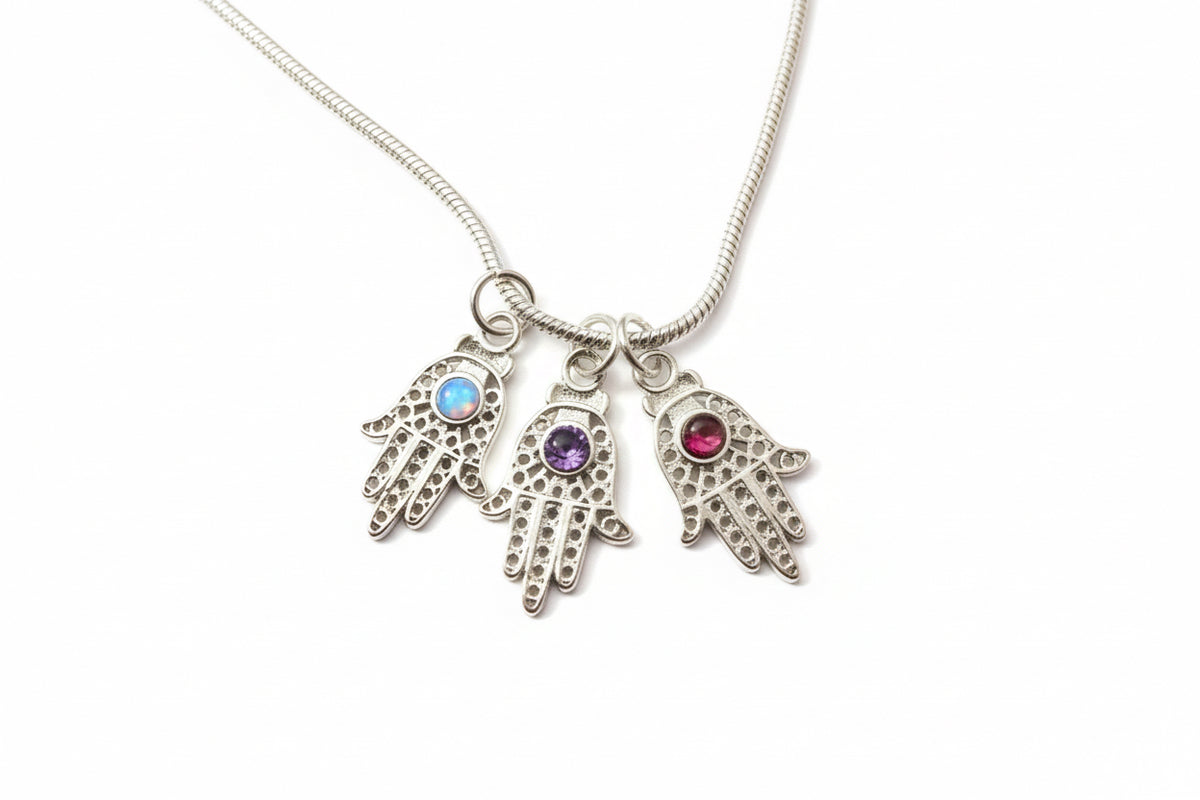 Sterling Silver filagree Hamsa with Opal Amethyst Garnet Pendant Necklace