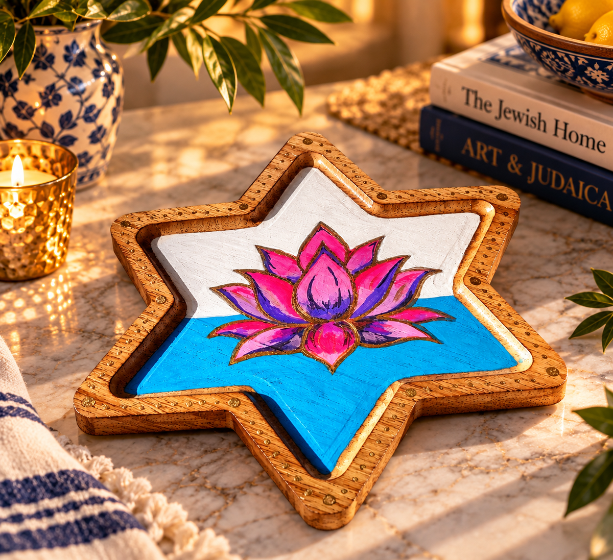 Lotus Star Serving Tray – Hand-Painted Wooden Star of David Tray