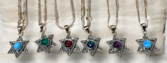 Sterling Silver Jewish Star of David Pendant Necklace with Natural Gemstone