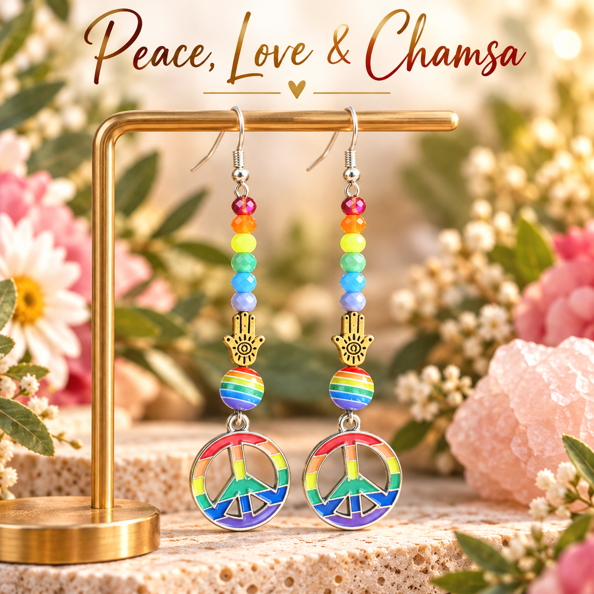 Peace, Love & Chamsa | Rainbow Peace Sign Earrings