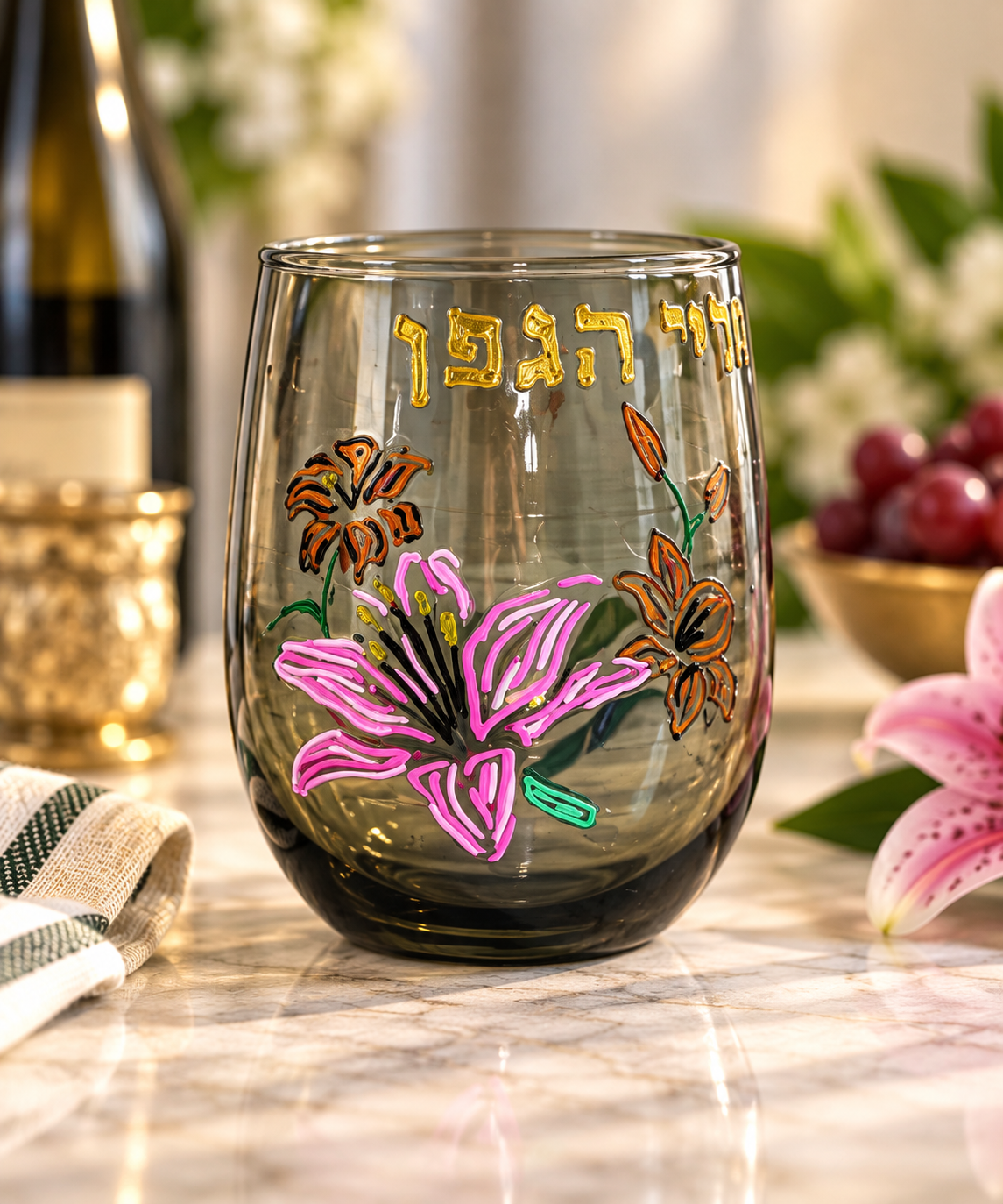 Hand-Painted Lily Kiddush & Wine Glasses