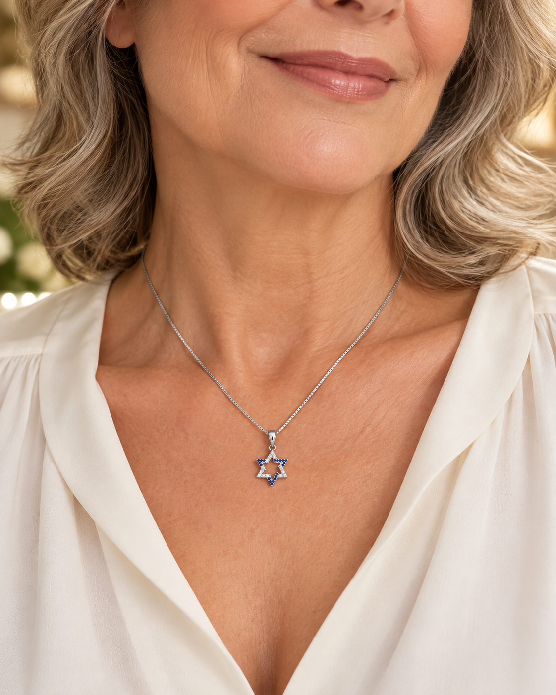 Blue & White Sterling Star of David Necklace