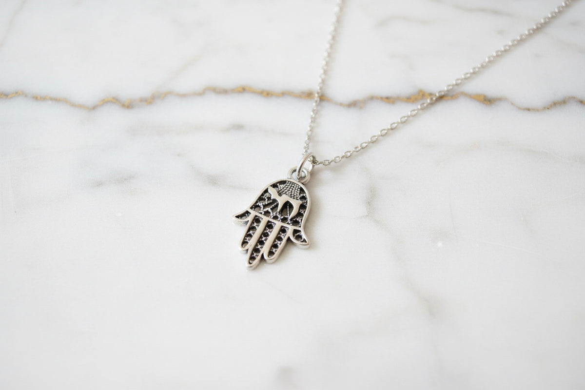 Sterling Silver filagree Hamsa Star of David or Chai Pendant Necklace