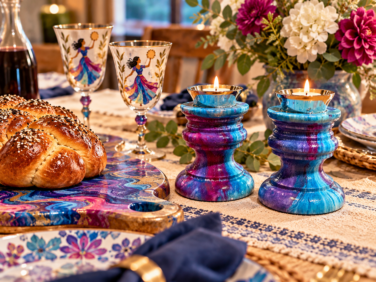 Lilah Shabbat Candlesticks Hand-Painted Jewel-Tone Shabbat Candle Holders