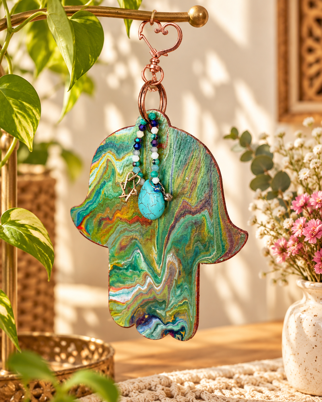 Prismatic Promise | Jeweled Rainbow Hamsa Wall Hanging