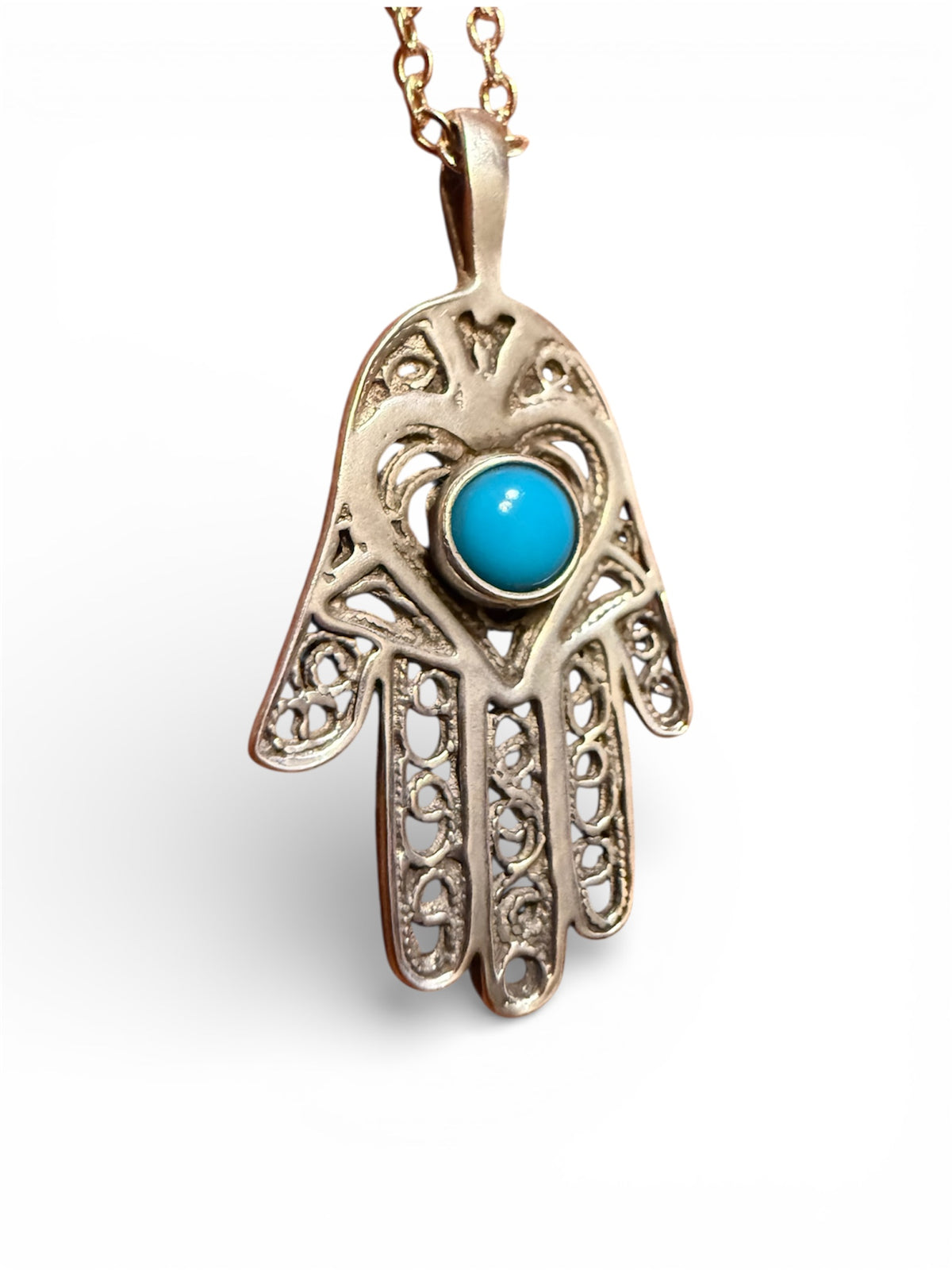 Sterling Silver Filagree Turquoise Hamsa Hand Necklace