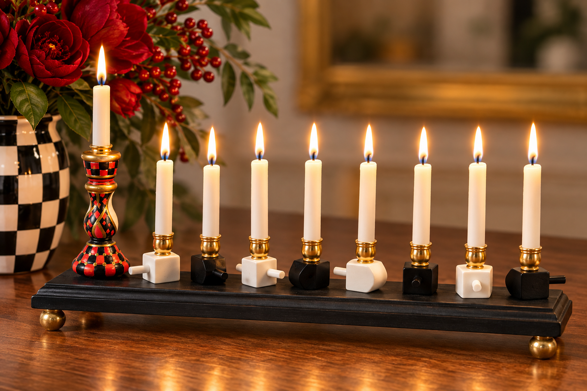 The Roxie Menorah

Hand-Painted Dreidel Menorah in Red, Black & Gold