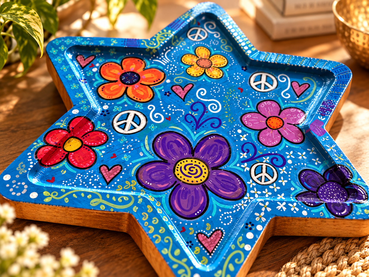 Shalomstock: Peace, Love & Petals Star Serving Tray – Hand-Painted Wooden Judaica